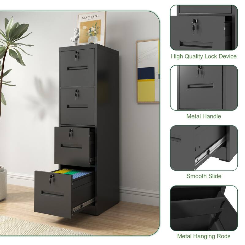 Modern 4-Drawer Vertical Black Filing Cabinet with Locking, Silent Slides and Adjustable Hanging Rod, for Home Office