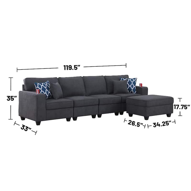 Woven Upholstered 4-Seater Sofa with Ottoman in Stone Gray