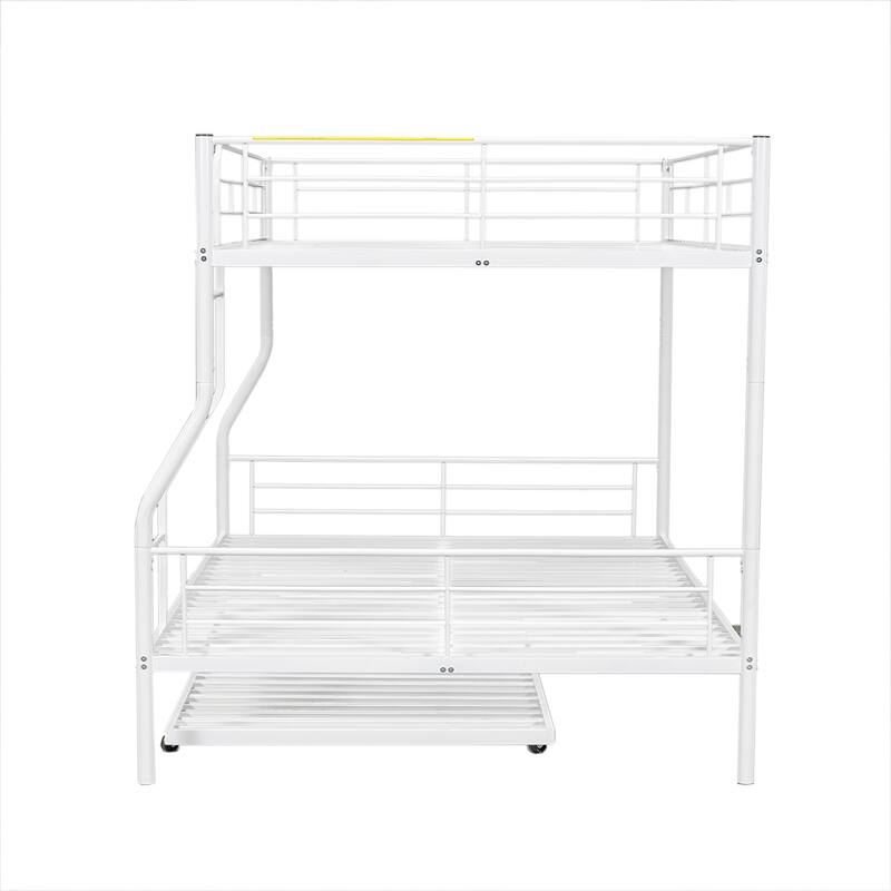 Metal Bunk Bed with Trundle and Guardrail, Convertible to Two Beds