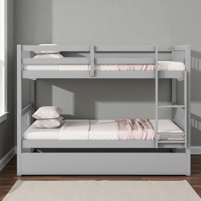 Twin Over Twin Rubber Wood Bunk Bed with Trundle, Convertible into Twin Beds, Ladder and Safety Guardrails - Grey - Twin