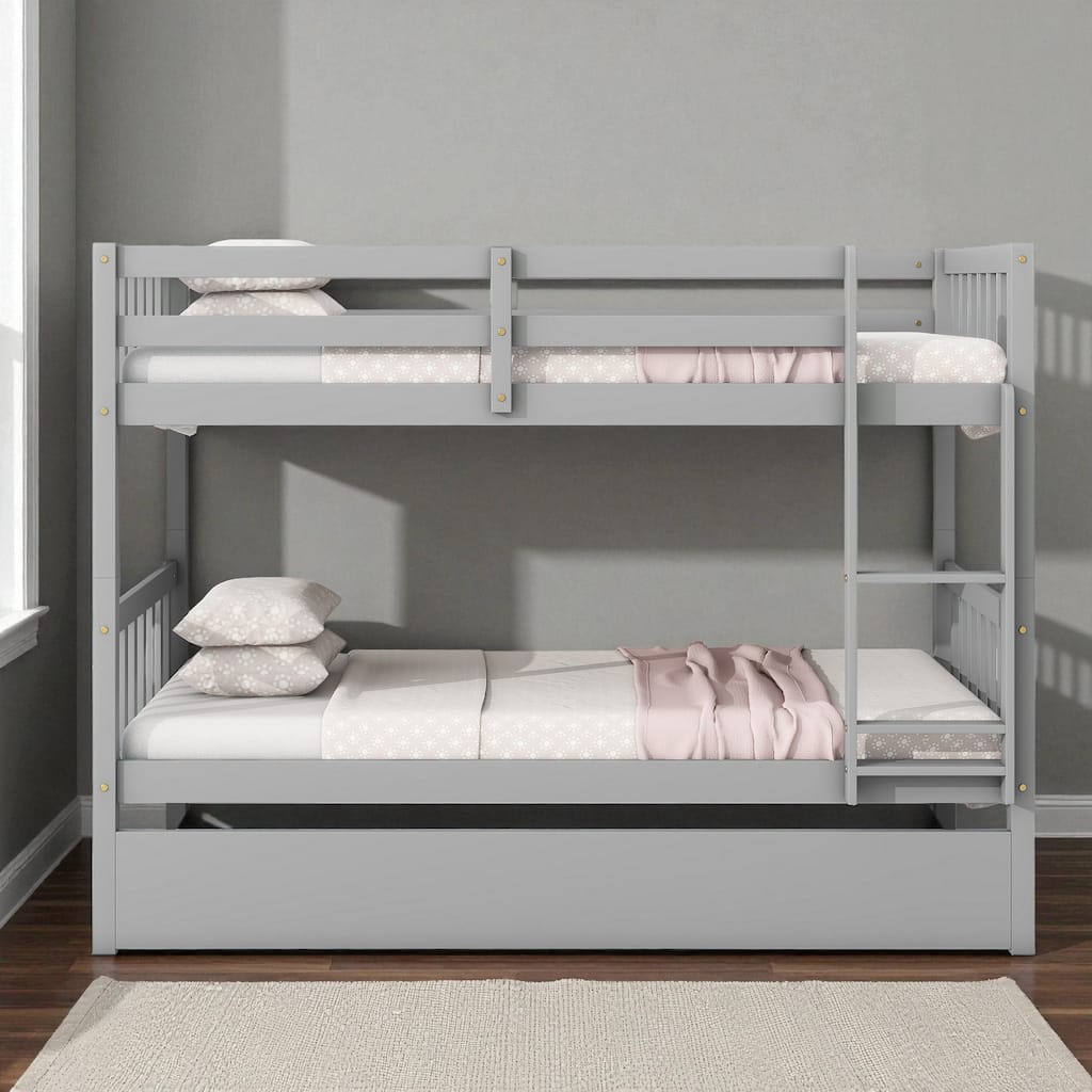 Twin Over Twin Rubber Wood Bunk Bed with Trundle, Convertible into Twin Beds, Ladder and Safety Guardrails