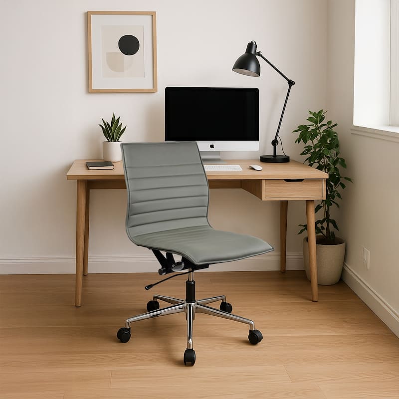 Modern Office Desk Chair | Upholstered PU Leather Ribbed Armless Mid Back with Metal Frame | Adjustable Height, Tilt Lock
