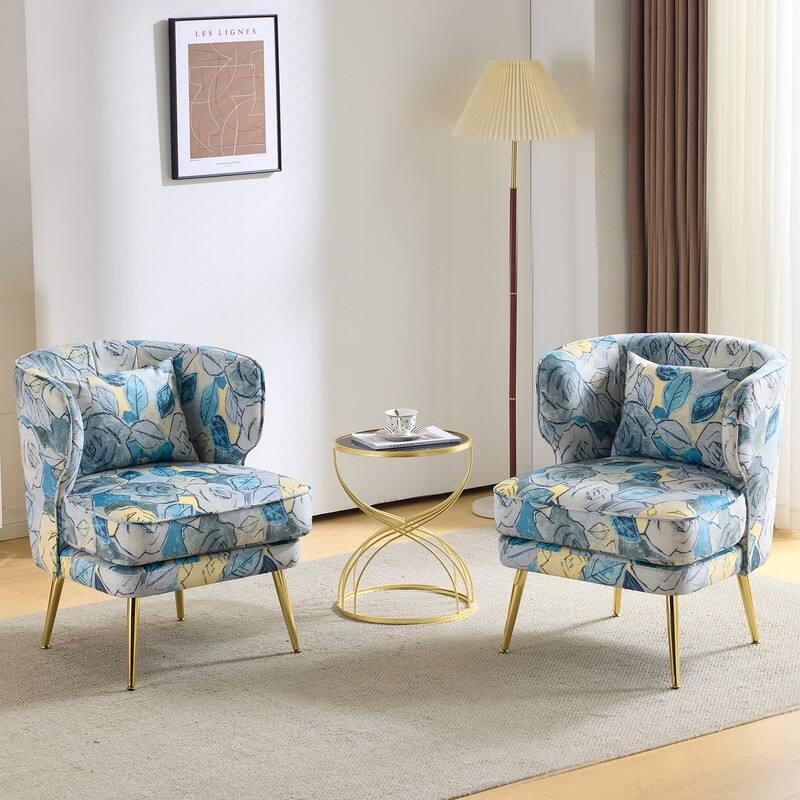 Mid Century Modern Upholstered Reading Chair with Lumbar Pillow, Gold Metal Legs, Small Space Friendly for Living Room Bedroom - Sunny Breeze Floral
