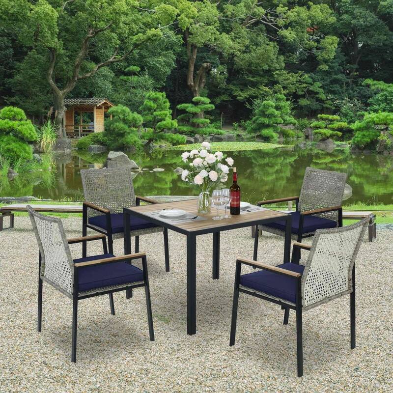 5-Piece Square Indoor/Outdoor Patio Table and Rattan Chairs Set with Umbrella Hole - Light Grey