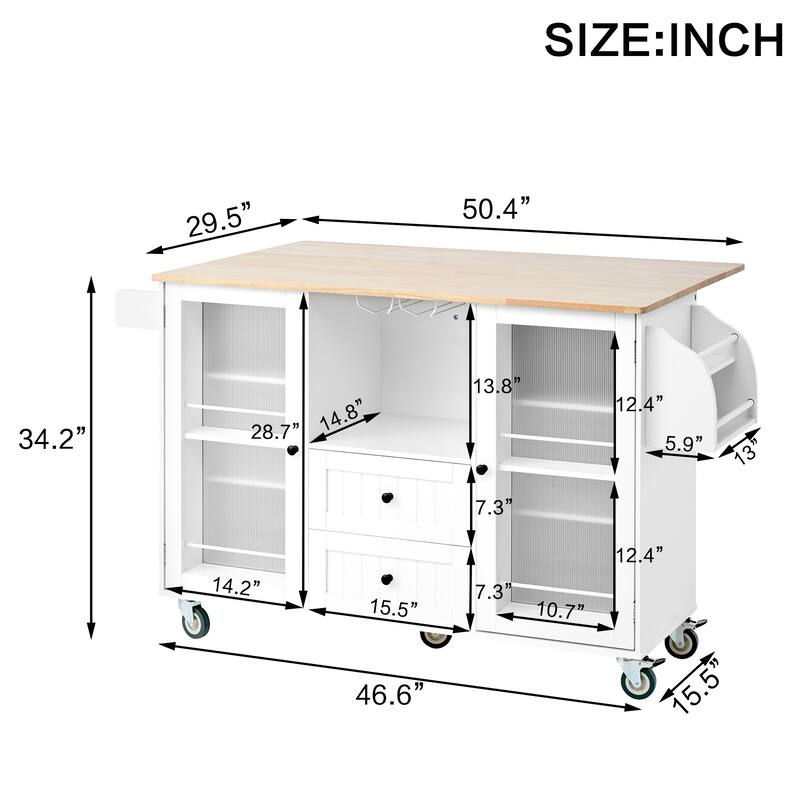 50.4" Rolling Kitchen Island Cart with Drop Leaf, 2 Drawers, 2-Door Cabinet, Towel Bar & Spice Rack