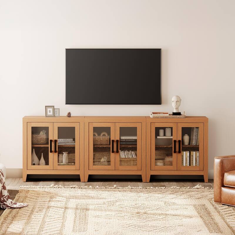 WAMPAT Modern Farmhouse Modular Buffet Cabinet, Glass Door Sideboard with Adjustable Shelves