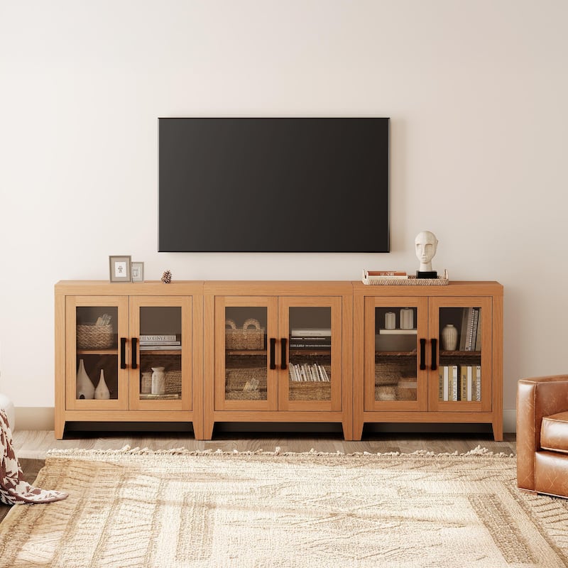 WAMPAT Modern Farmhouse TV Stand, Entertainment Center with Tempered Glass Doors & Adjustable Shelves