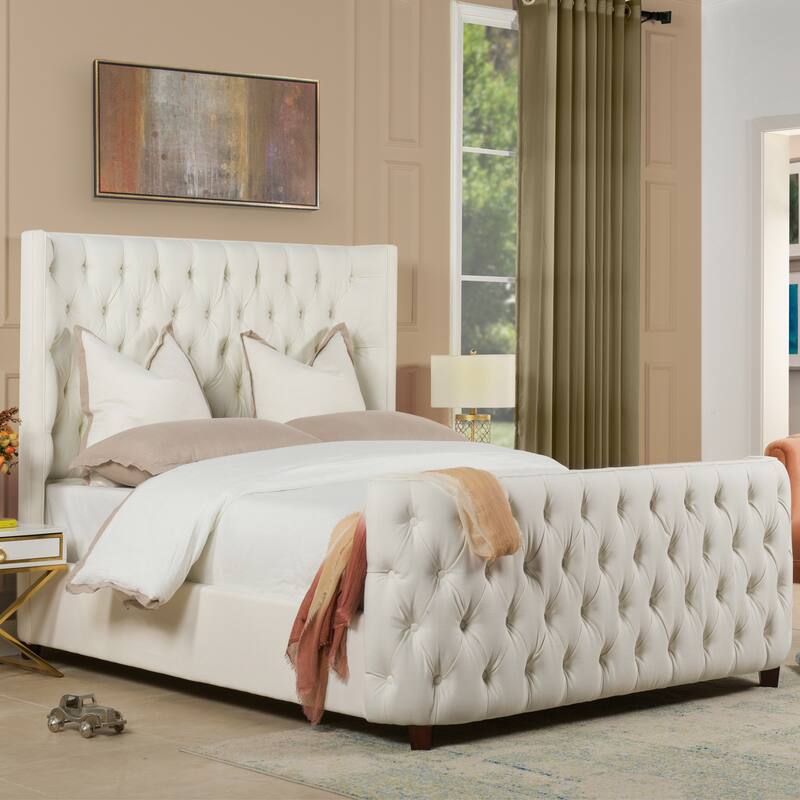 Chateau Fabric Upholstered Shelter Panel Bed Frame - White Polyester - Queen
