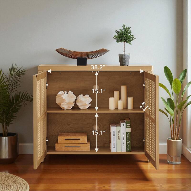 39.4" Mid-Century Modern Rattan Sideboard Buffet Cabinet with Outlet Holes, Retro Credenza Storage