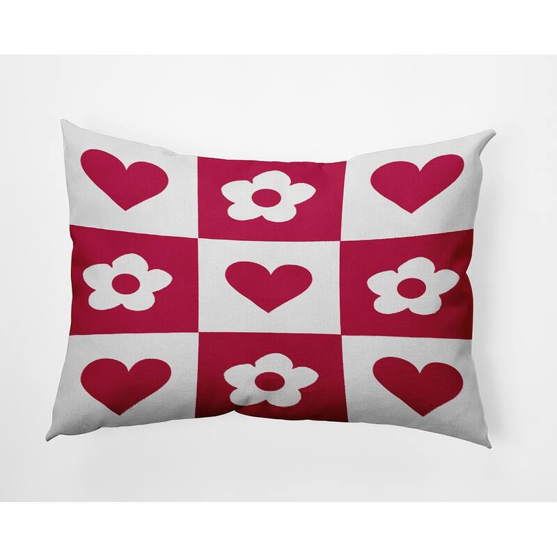 Heart And Flowers Grid Valentines Day Decorative Throw Pillow - 14" x 20" - Bold Pink