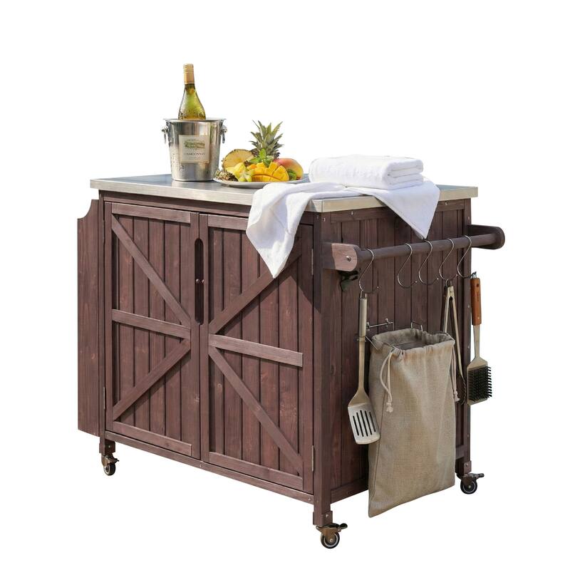 42.1" Outdoor Kitchen Island with Side Shelf, with Storage Cabinet, Outdoor Kitchen Cabinet, Adjustable Shelf and 4 Wheels