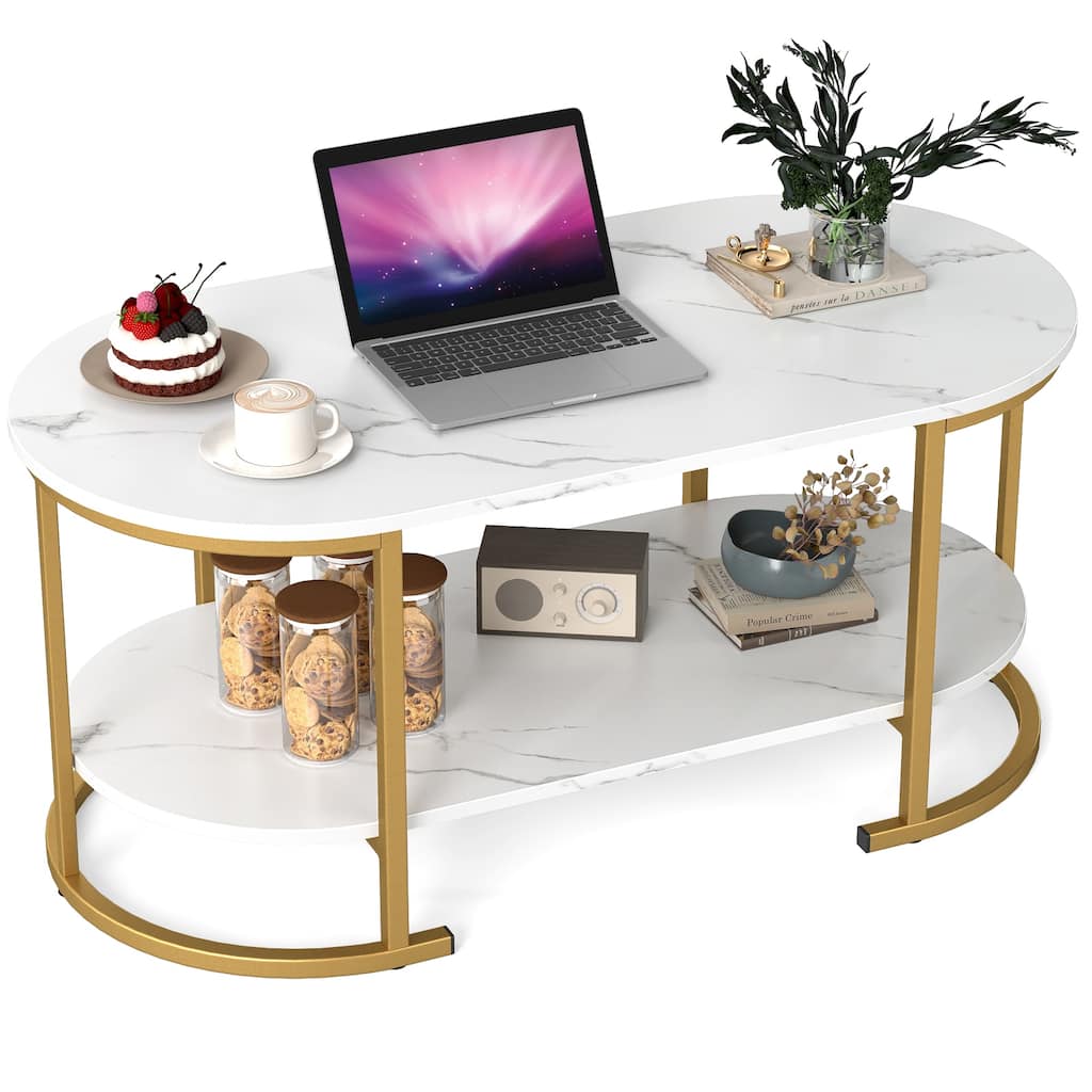 Gymax 2-Tier Wooden Accent Table w/Spacious Tabletop Open Storage