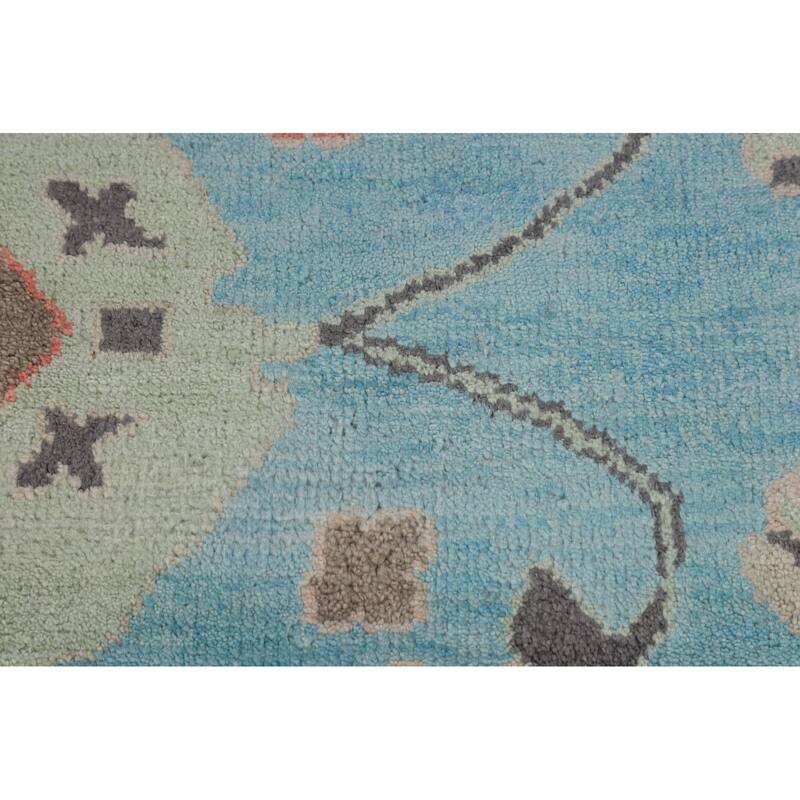 Light Blue Floral Oushak Oriental Area Rug Hand-Knotted Wool Carpet - 8'11"x 11'9"