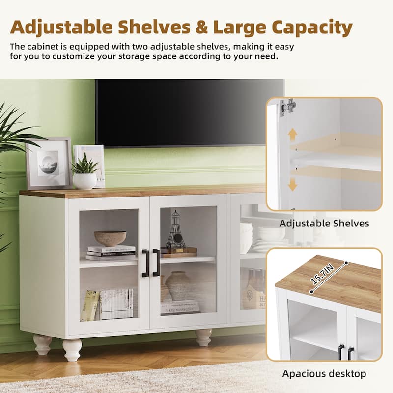 Stylish Farmhouse Buffet Cabinet with Tempered Glass Doors, Accommodates TVs Up to 70", Perfect for Any Room