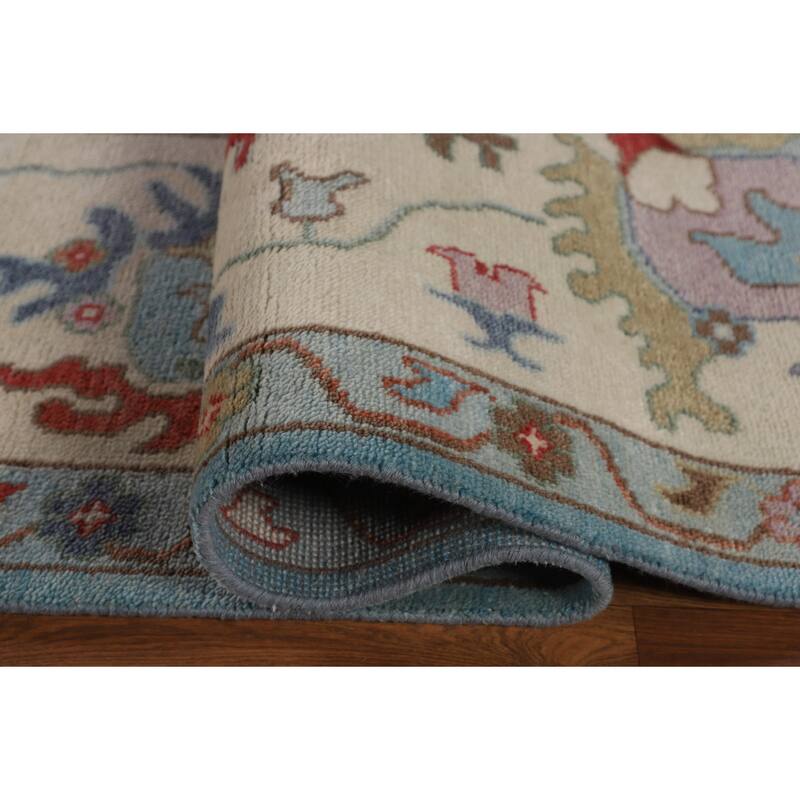 Light Blue Floral Oushak Oriental Large Rug Hand-Knotted Wool Carpet - 10'1" x 13'9"