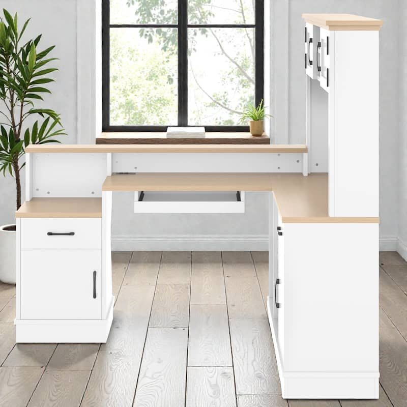 L Shaped Computer Desk with Power Outlet, Corner Desk with Drawers Bookshelf and Storage for Home Office Study