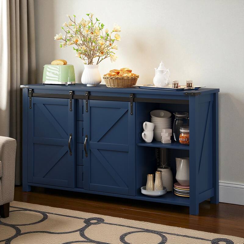 55.1-Inch Farmhouse Sideboard Buffet with Sliding Barn Doors, 4 Drawers & Power Outlet, Wood Storage Cabinet