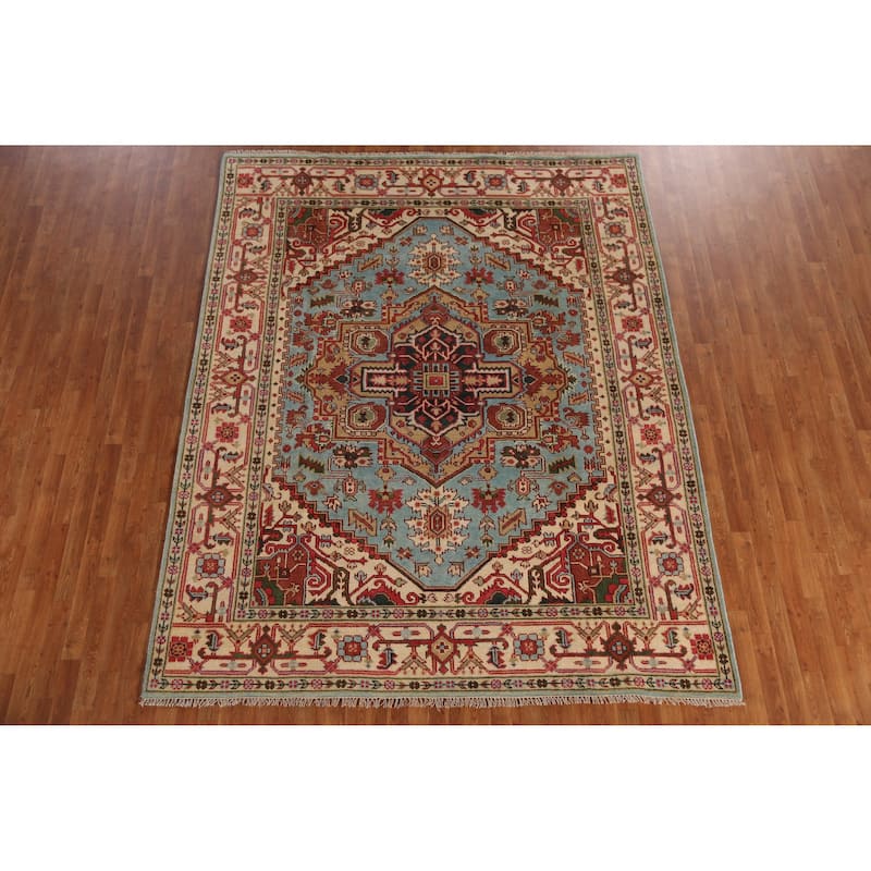 Light Blue Heriz Serapi Area Rug Handmade Geometric Wool Carpet - 7'10" x 9'10"