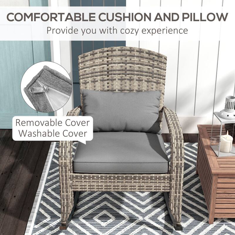 Outdoor Wicker Adirondack Rocking Chair, Patio Rattan Rocker Chair with High Back, Seat Cushion & Pillow for Garden, Porch