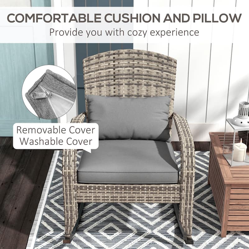 Outsunny Outdoor Wicker Adirondack Rocking Chair, Patio Rattan Rocker Chair with High Back, Seat Cushion, and Pillow for Garden