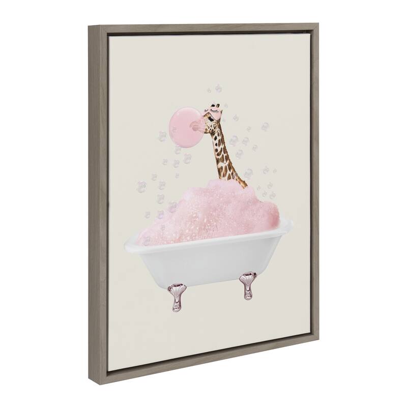 Kate and Laurel Sylvie Giraffe Taking a Bath Framed Canvas by July Art Prints - 18x24 - Grey