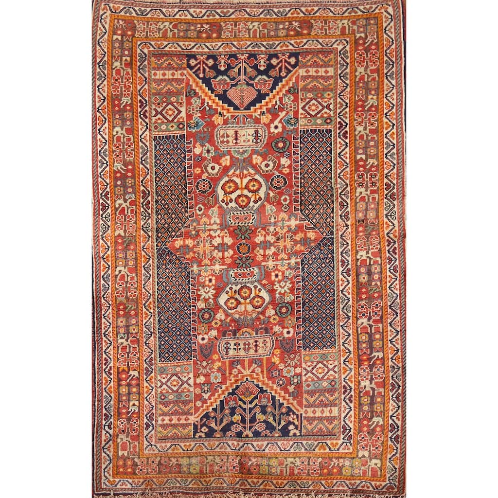 Hand Knotted Oriental 100% Wool Carpet Traditional Tribal Oranges & Rust Shiraz Area Rug - 5' 7'' X 3' 5''