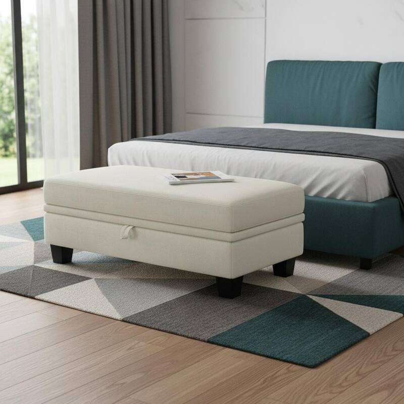 HomeRoots 46" Gray and Black Chenille Storage Ottoman - Beige