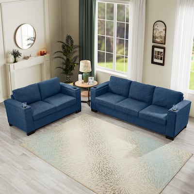 Set of 2 Loveseat Sofa & 3 Seater Couch with Storage and Cup Holders