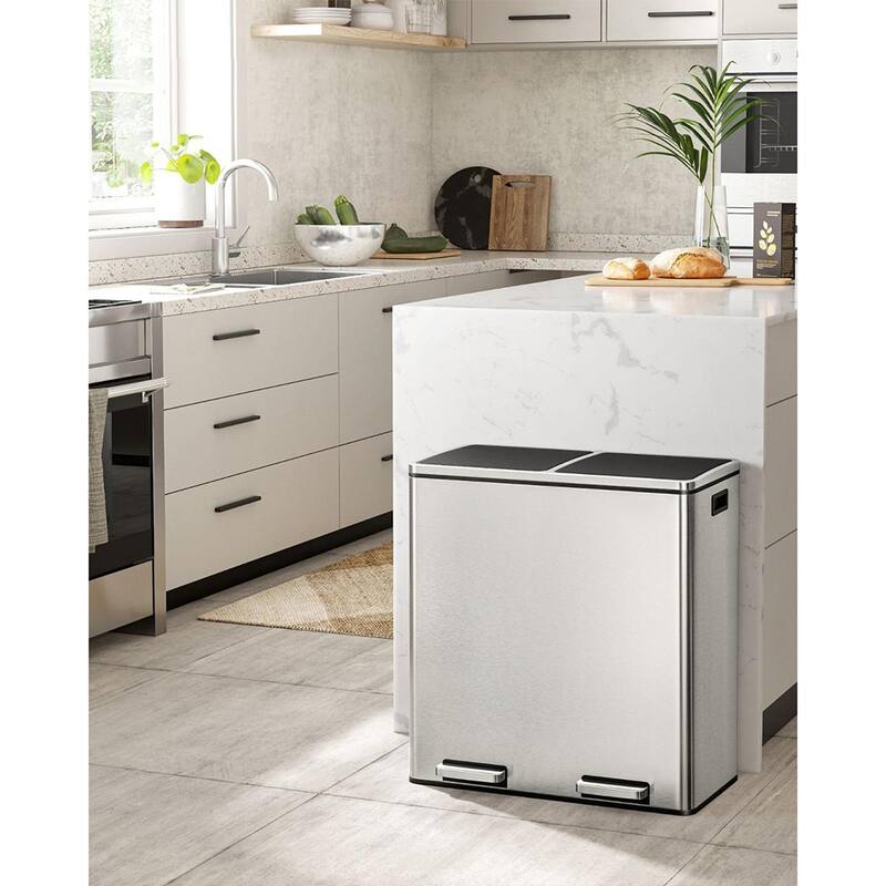 Stainless Steel Dual Compartment Trash Can with Soft-Close Lid Foot Pedal and Removable Inner Buckets