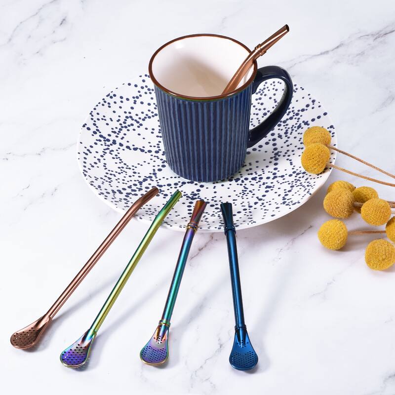 5Pcs 7.2" Stainless Steel Spoon Straw Drinking Straw Spoon with Filter