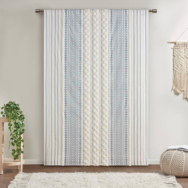 Cotton Printed Curtain Panel with Chenille Stripe and Lining - Multicolor-1
