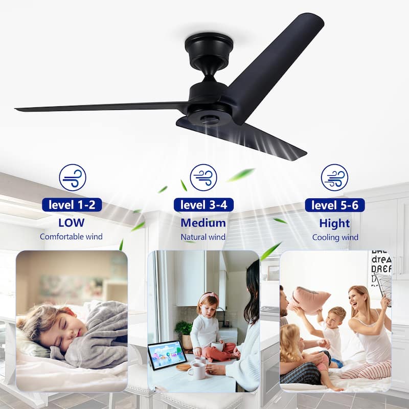 52 inch Black Flush Mount Ceiling Fan with Remote, No Light, DC Motor