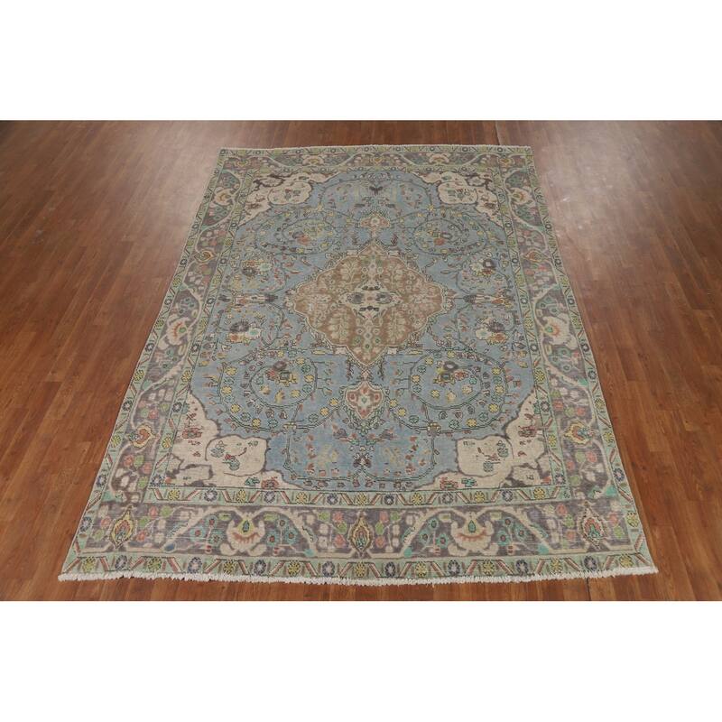 Light Blue Floral Tabriz Persian Rug Oriental Handmade Wool Carpet - 6'7"x 9'2"