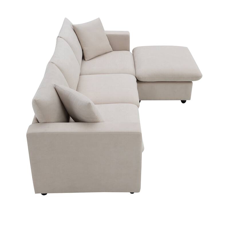 4-Seat Polyester L-Shaped Sectional Sofa with Convertible Ottoman