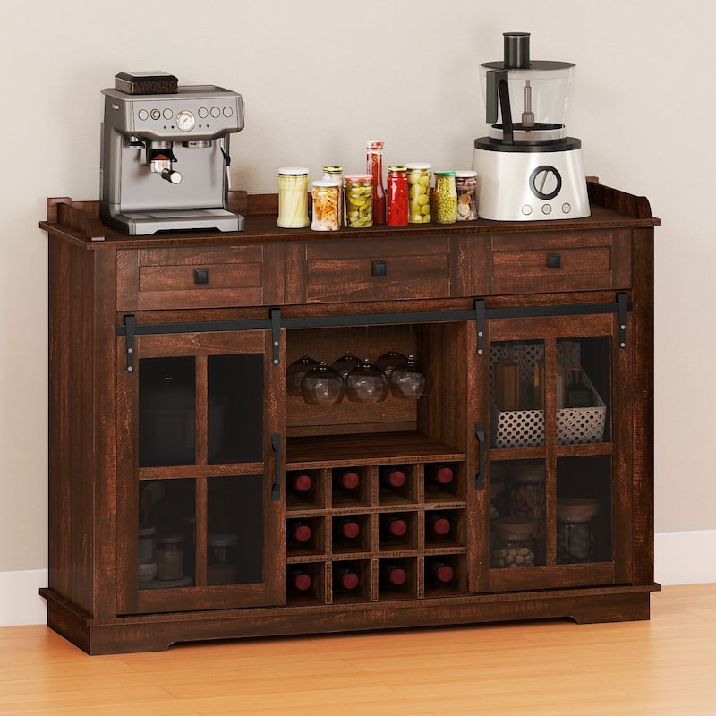 53" Barn Door Buffet Coffee Bar Cabinet with Wine Rack, Kitchen Sideboard Storage Cabinet - Brown