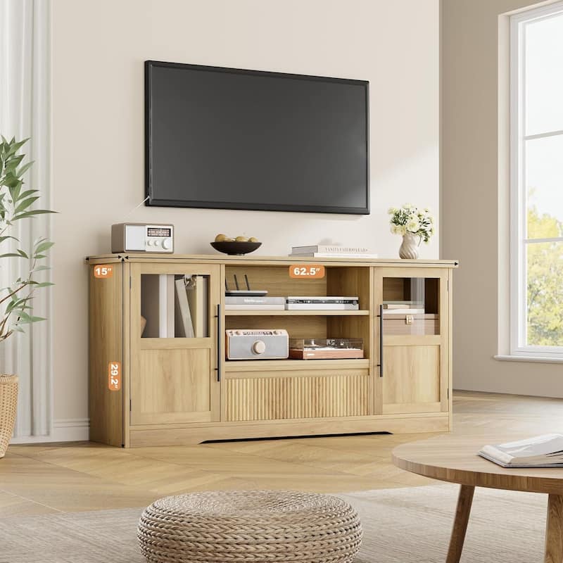 Retro TV Stand for 75 Inch TV Media Console with 2 Glass Cabinets & Open Shelves - N/A