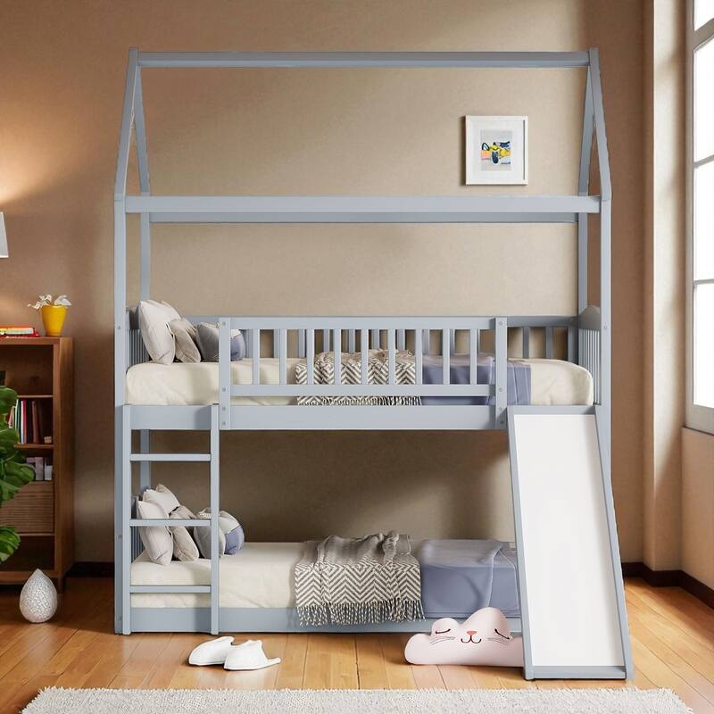 Twin Over Twin House Bunk Bed with Slide, Solid Wood Kids Bunk Bed with Guardrails and Ladder, No Box Spring Needed