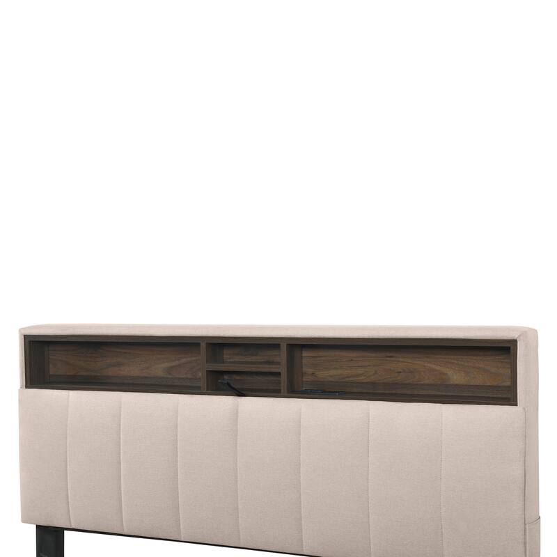 Full Size Upholstered Platform Bed with Storage Headboard, Twin Trundle, Drawers & USB Ports, Beige Linen Fabric