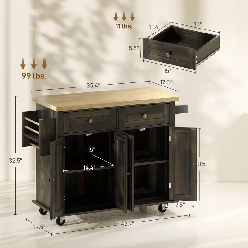 Brown Oak Kitchen Island Cart with Drawers, Cabinets and Casters - 43.75" W x 17.5" D x 32.5" H