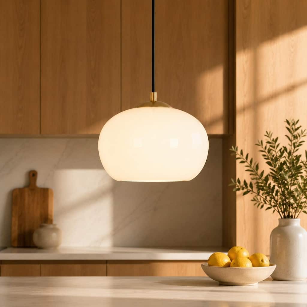 LALUZ Modern Gold 1-Light Opal Glass Pendant Light for Kitchen Island Dining Room - Diameter 9.5" × Height 7.5"