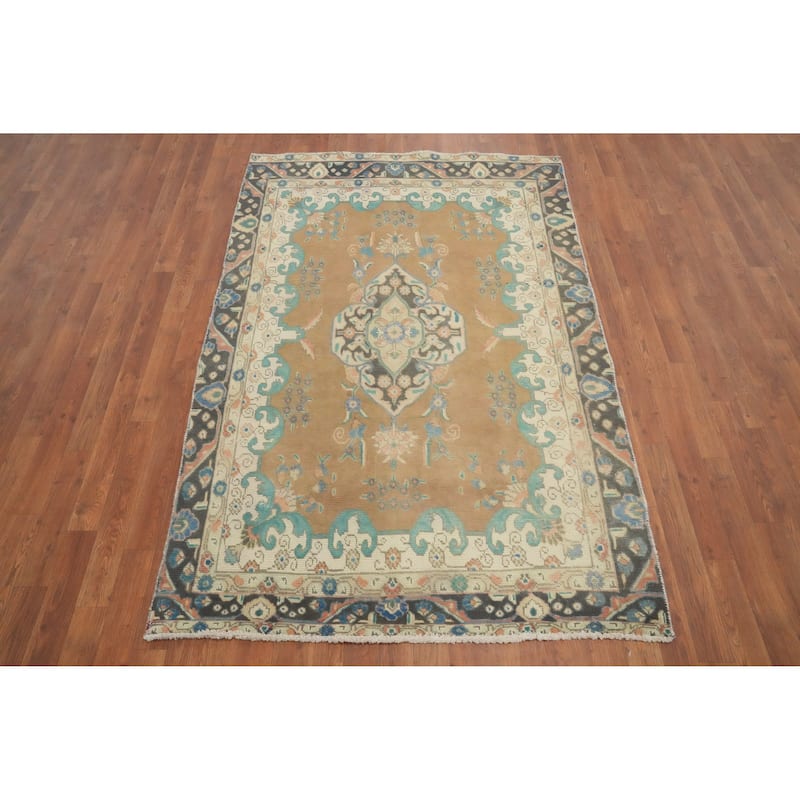 Hand Knotted Oriental 100% Wool Carpet Traditional Medallion Brown Tabriz Area Rug - 6' 6'' X 4' 4''