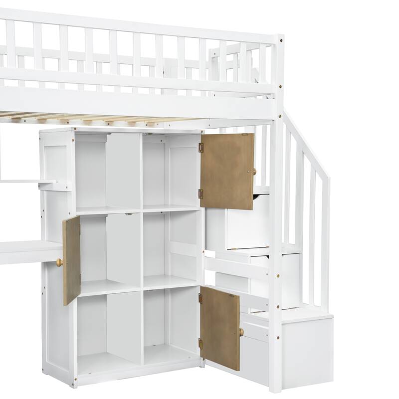 Wood Twin Size Loft Bed with Built-in Desk, LED, Storage Shelves, Cabinets, and Staircase