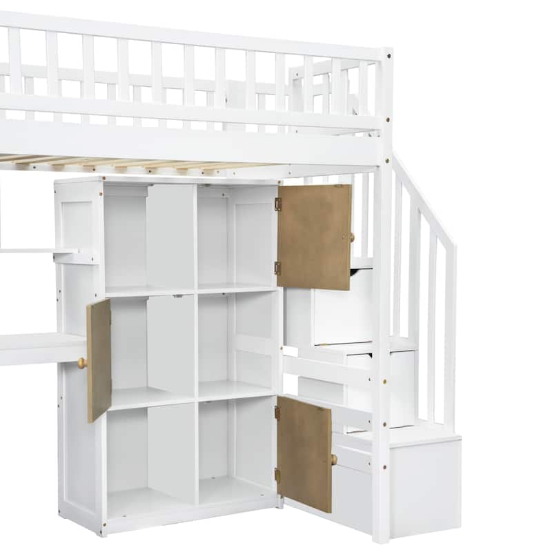 Wood Twin Size Loft Bed with Built-in Desk, LED, Storage Shelves, Cabinets and Staircase, White