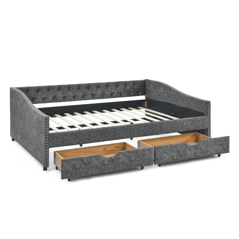 Queen Size Linen Upholstered Daybed Frame with 2 Drawers & Tufted Backrest