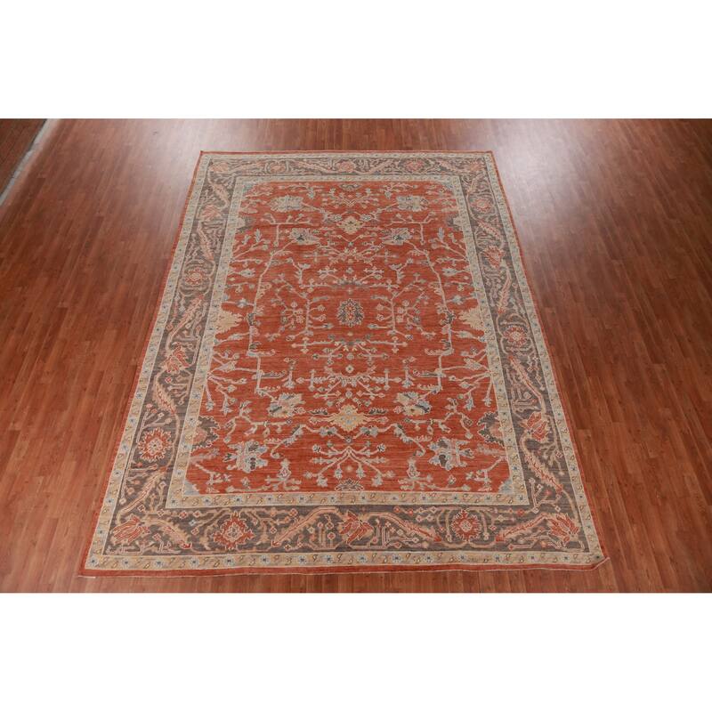 Hand Knotted Oriental 100% Wool Carpet Transitional All-Over Oranges & Rust Oushak Area Rug - 12' 4'' X 9' 3''