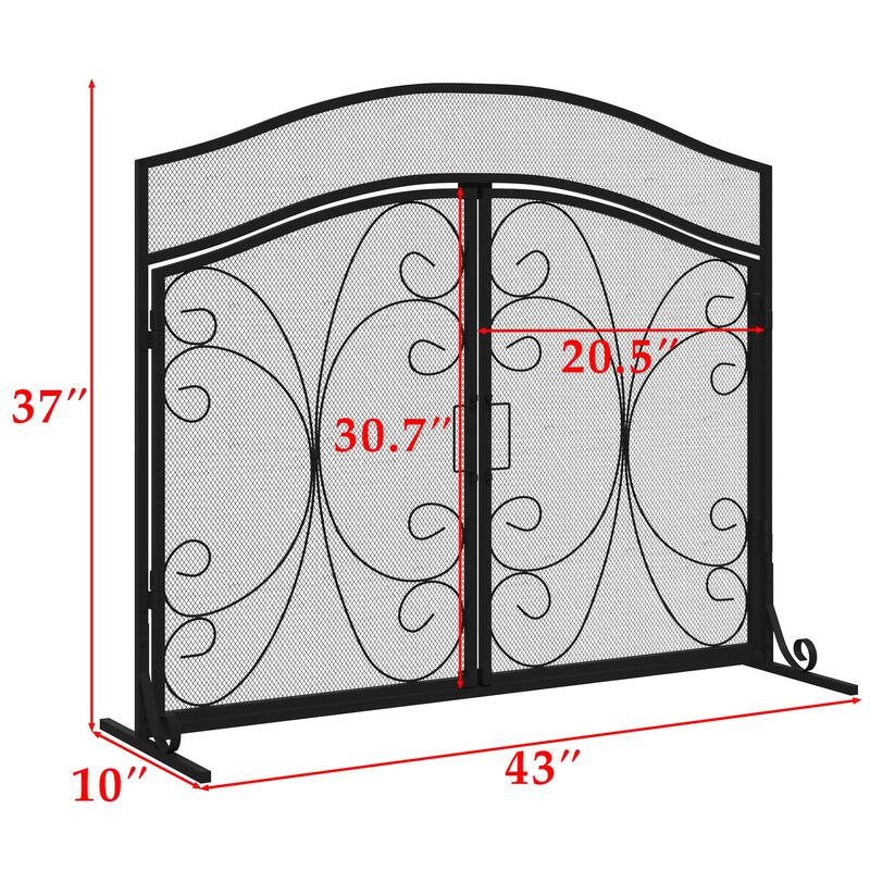 Classic Black Wrought Iron Fireplace Screen with Arched Double Doors, Decorative Mesh Fire Guard for Indoor Home Hearth Safety