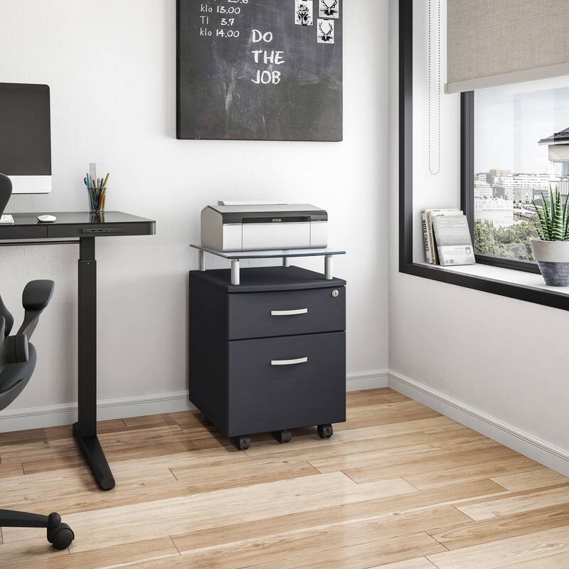Techni Mobili Rolling File Cabinet with Glass Top - Black