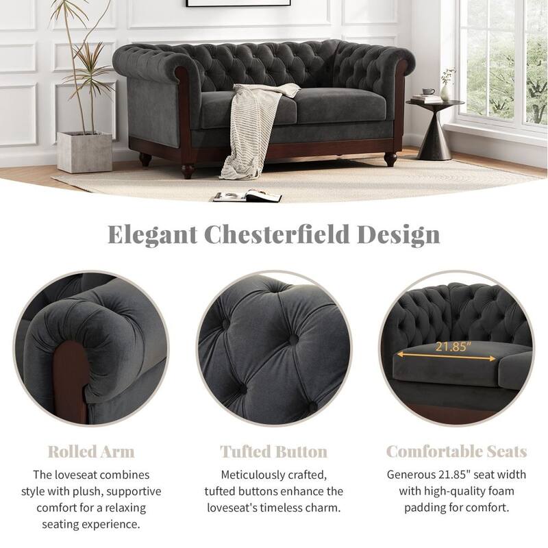 2-Person Rolled Arm Dutch Plush Upholstered Sofa Couch with Tufted Button