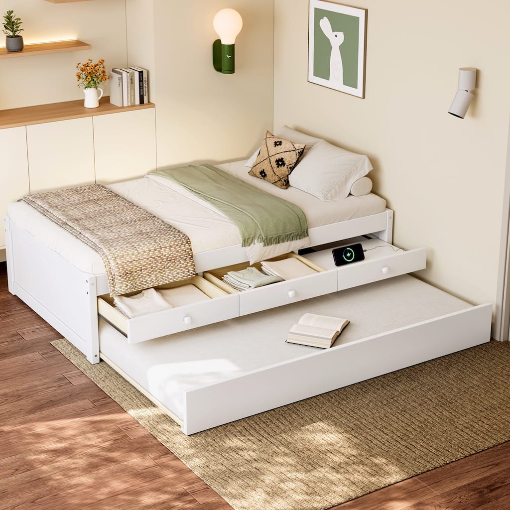 Roomfitters Wood Platform Bed, Pull-Out Trundle & 2 Storage Units, Modern Bed Frame with Charging Station Set
