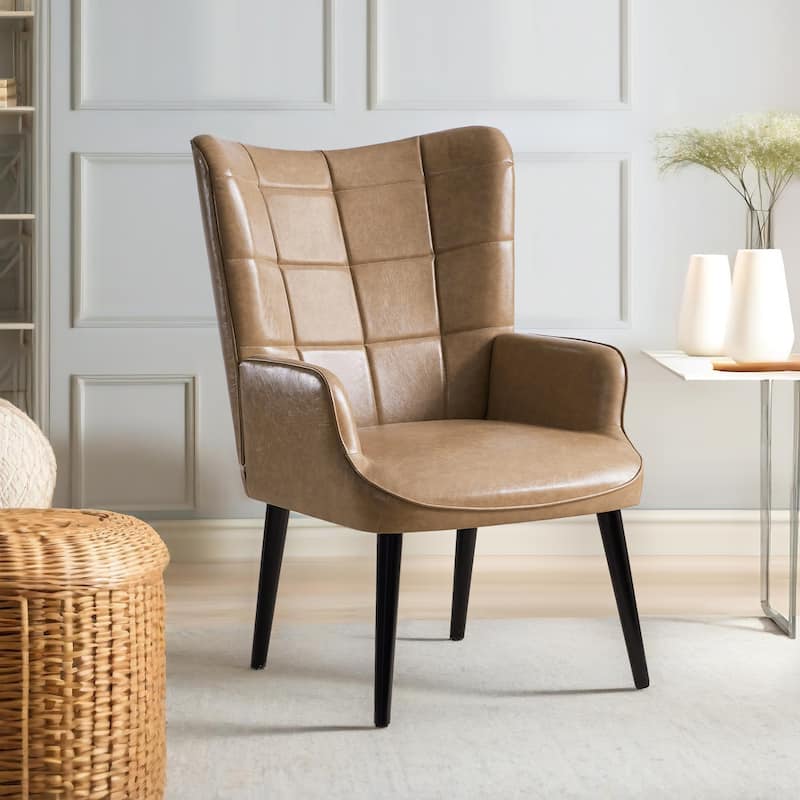 HUIMO High-back Accent Chair Modern Wing Back Chair-Faux Leather - Taupe